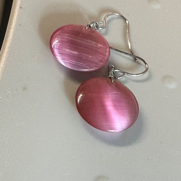 Pink Cats Eye Drop Earrings With Silver Tone Hooks Pierced Women Jewelry - Picture 6 of 14